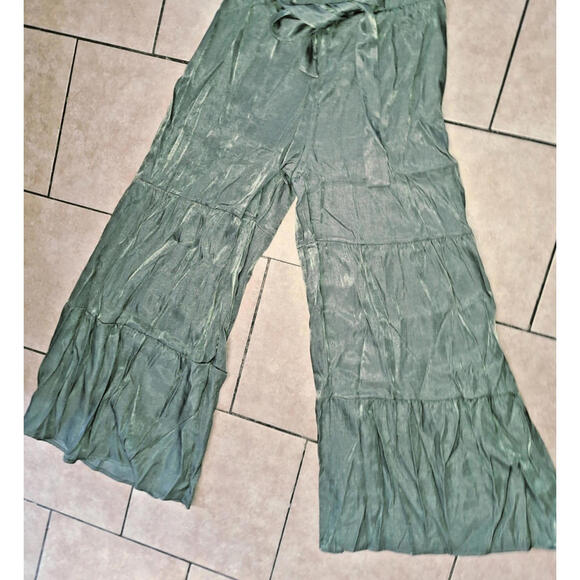 NEW Bohemian Wide Bell Bottom Pants Tie Front, Size M Gypsy Trousers Harem Green - Picture 7 of 9